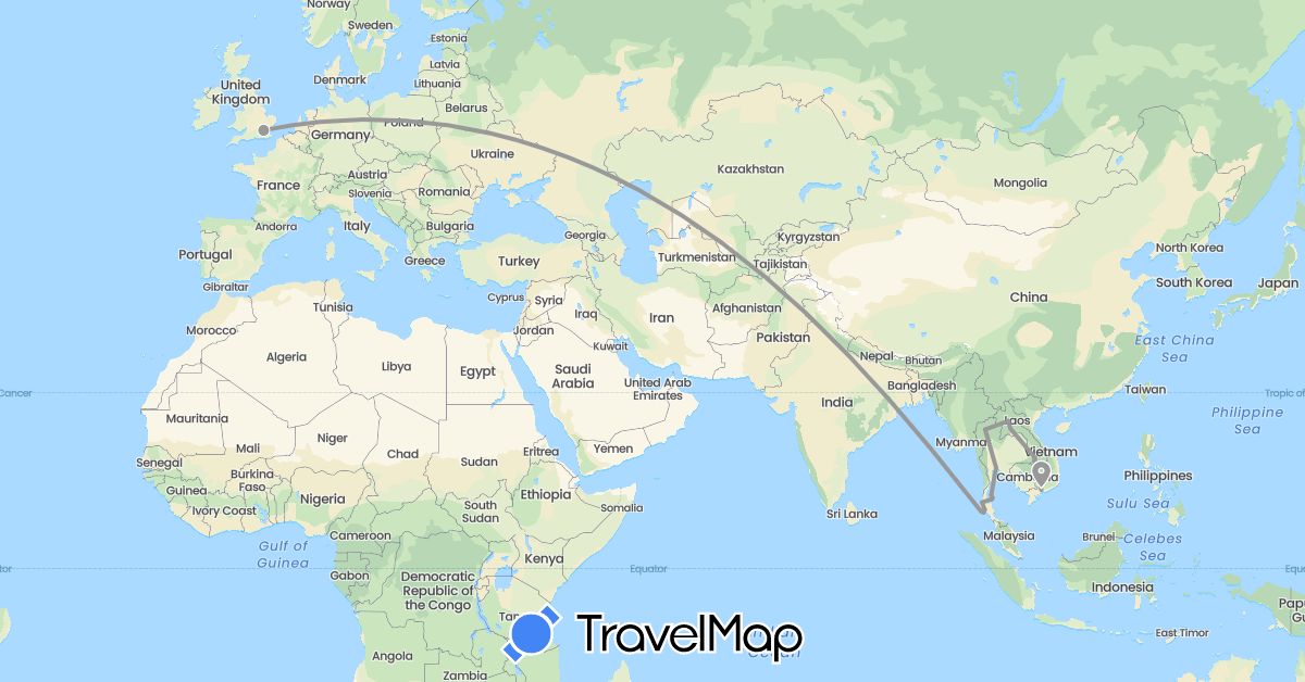 TravelMap itinerary: plane in United Kingdom, Laos, Thailand, Vietnam (Asia, Europe)